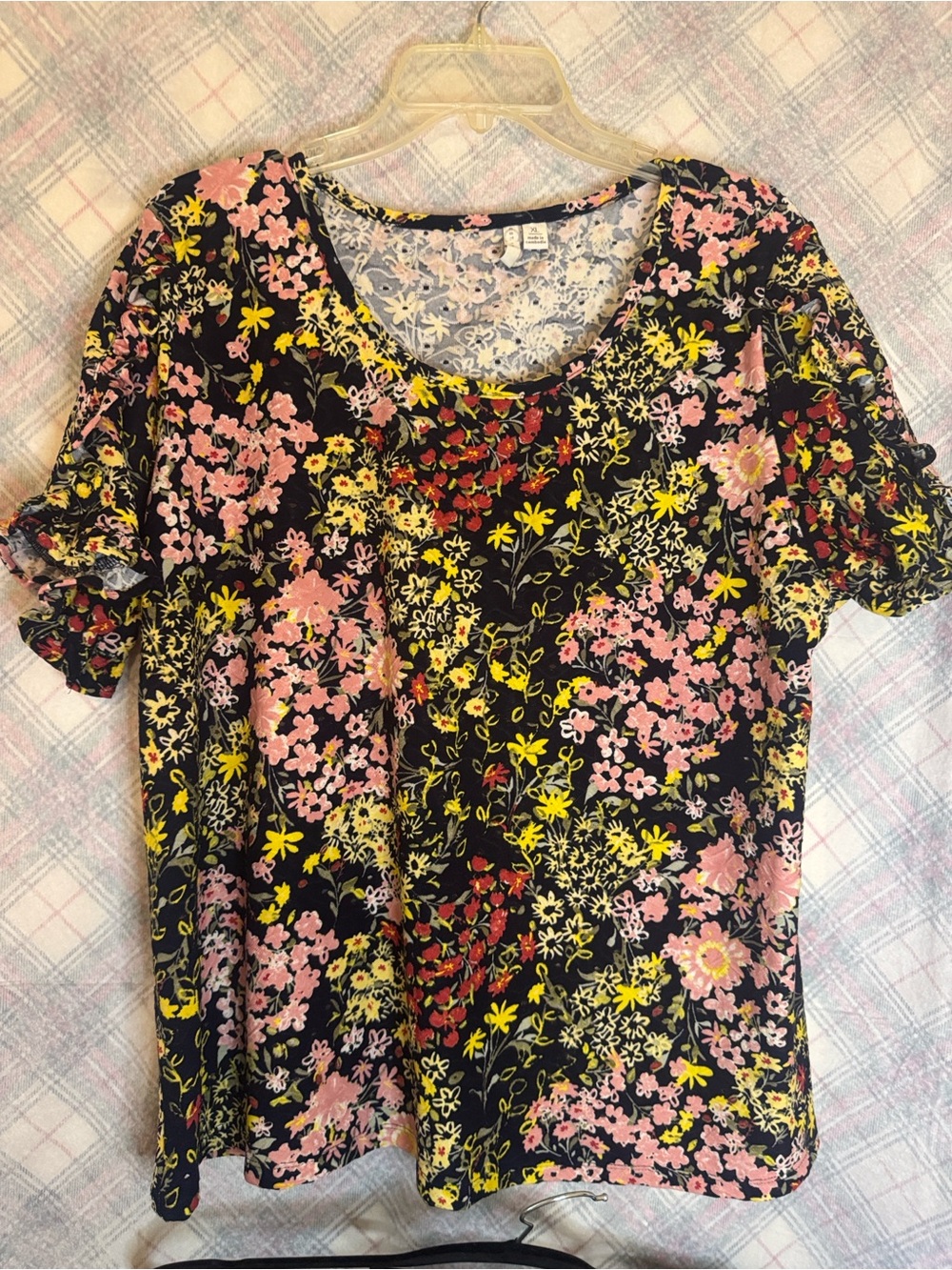 Cato Black Floral Scoop Neck Top with Pink & Yellow Flowers